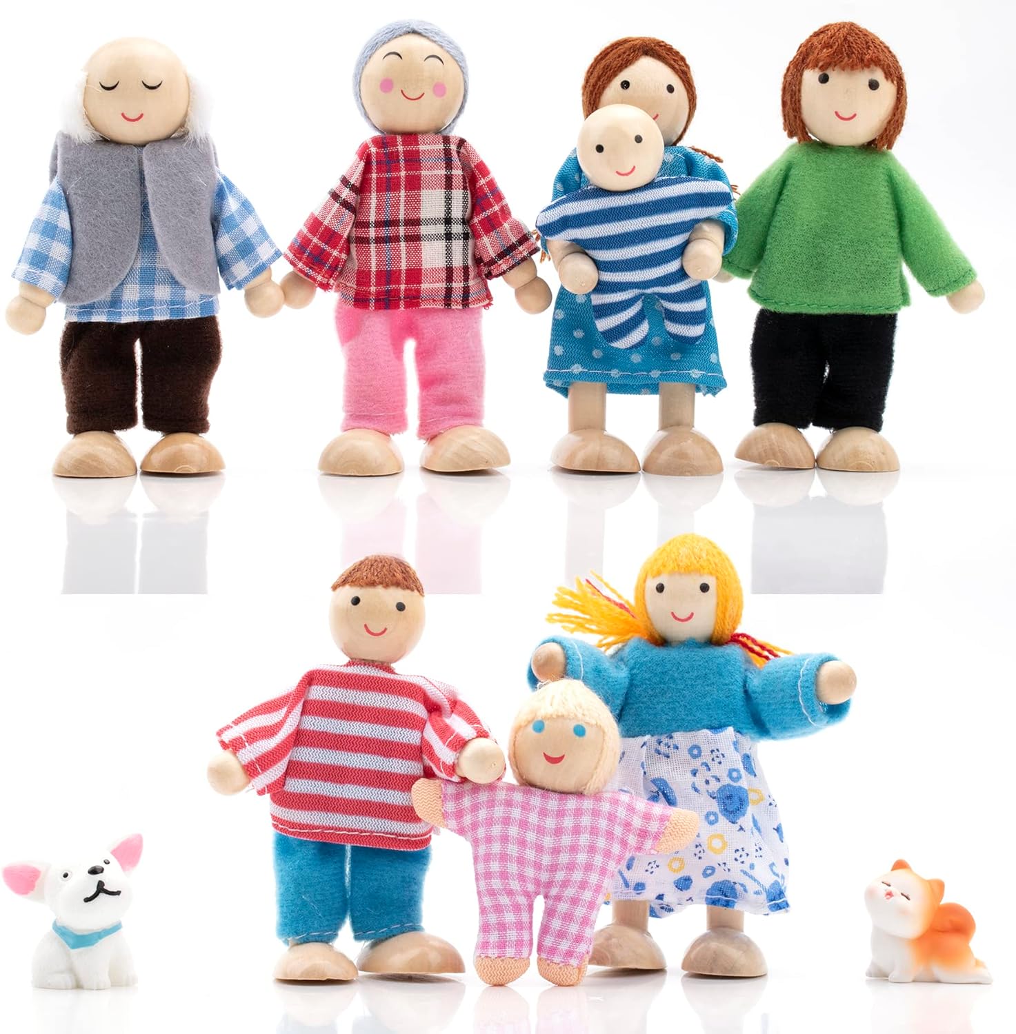 Wooden Dollhouse People Family Set with Cat and Dog, Dolls House Figures for Pretend Dollhouse Accessories Gift