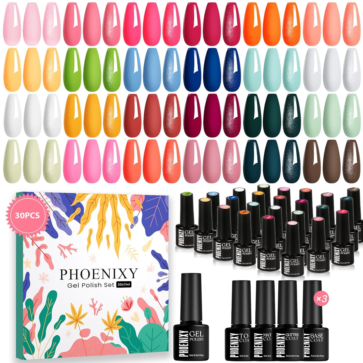 Phoenixy 30 PCS Gel Nail Polish, 24 Colors Soak Off Gel Nail Polish Set Pink Blue with Base Matte Glossy Glitter Top Coat Home Manicure Art Beginners Gift for Women