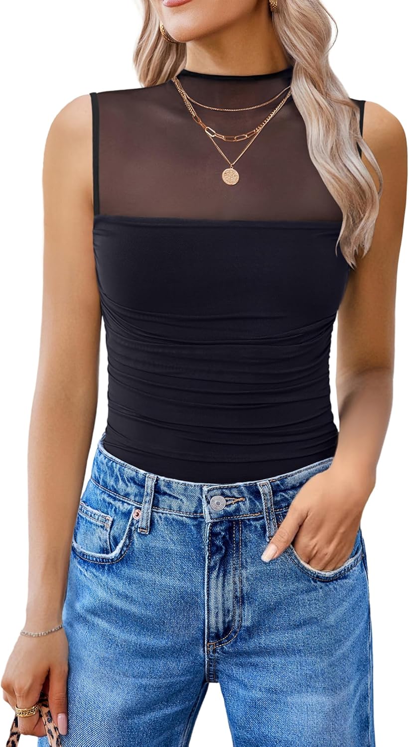 Avidlove Women's Mock Neck Mesh Bodysuit Ruched Tank Body Suits Top Sheer One Piece Going Out Tops Classy Outfits