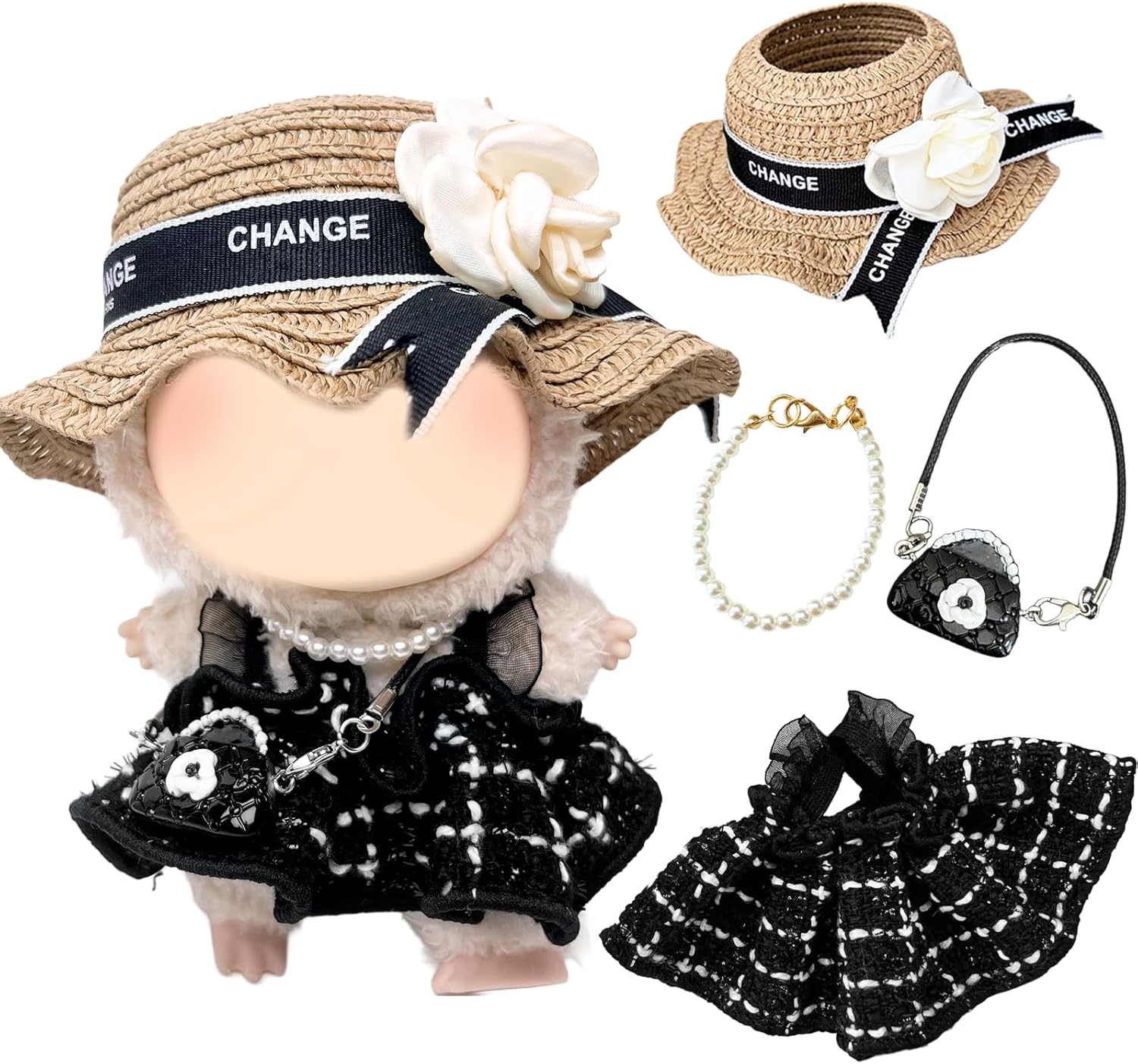4 Pcs Doll Clothes Compatible with Labubu 17cm Plush Dolls，Elegant Doll Clothes Accessories Set with 1 Classic Check Dress 1 Straw Fabric Hat 1 Necklace, 1 Floral Bag for Girls Birthday, No Doll