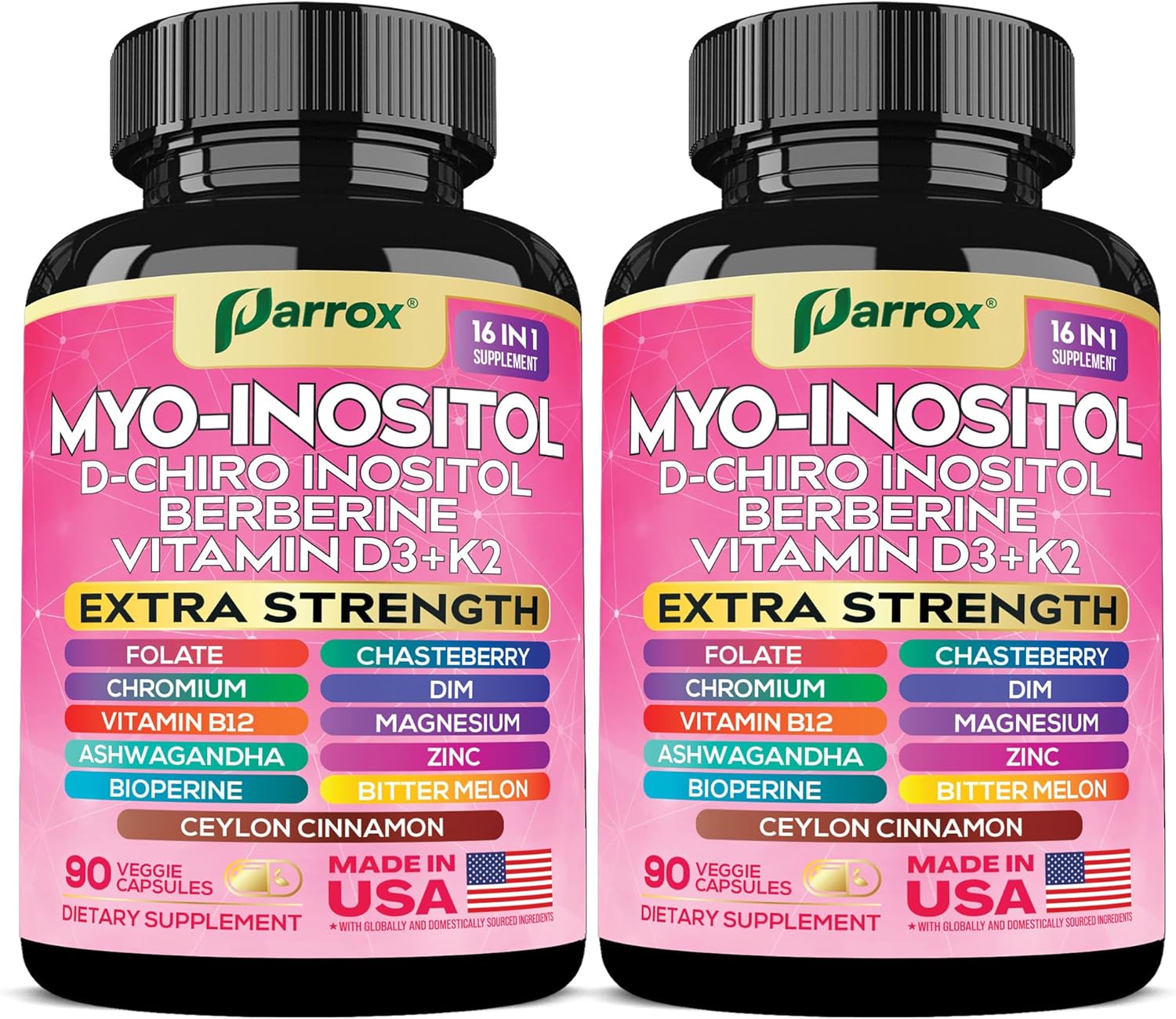 Myo-Inositol Supplement, Berberine, D-Chiro Inositol, Folate, Chromium, Vitamin D3, K2 & B12, DIM, Chasteberry, Ashwagandha, Ceylon Cinnamon, Zinc, Magnesium, Bioperine, Bitter Melon (2 Pack)