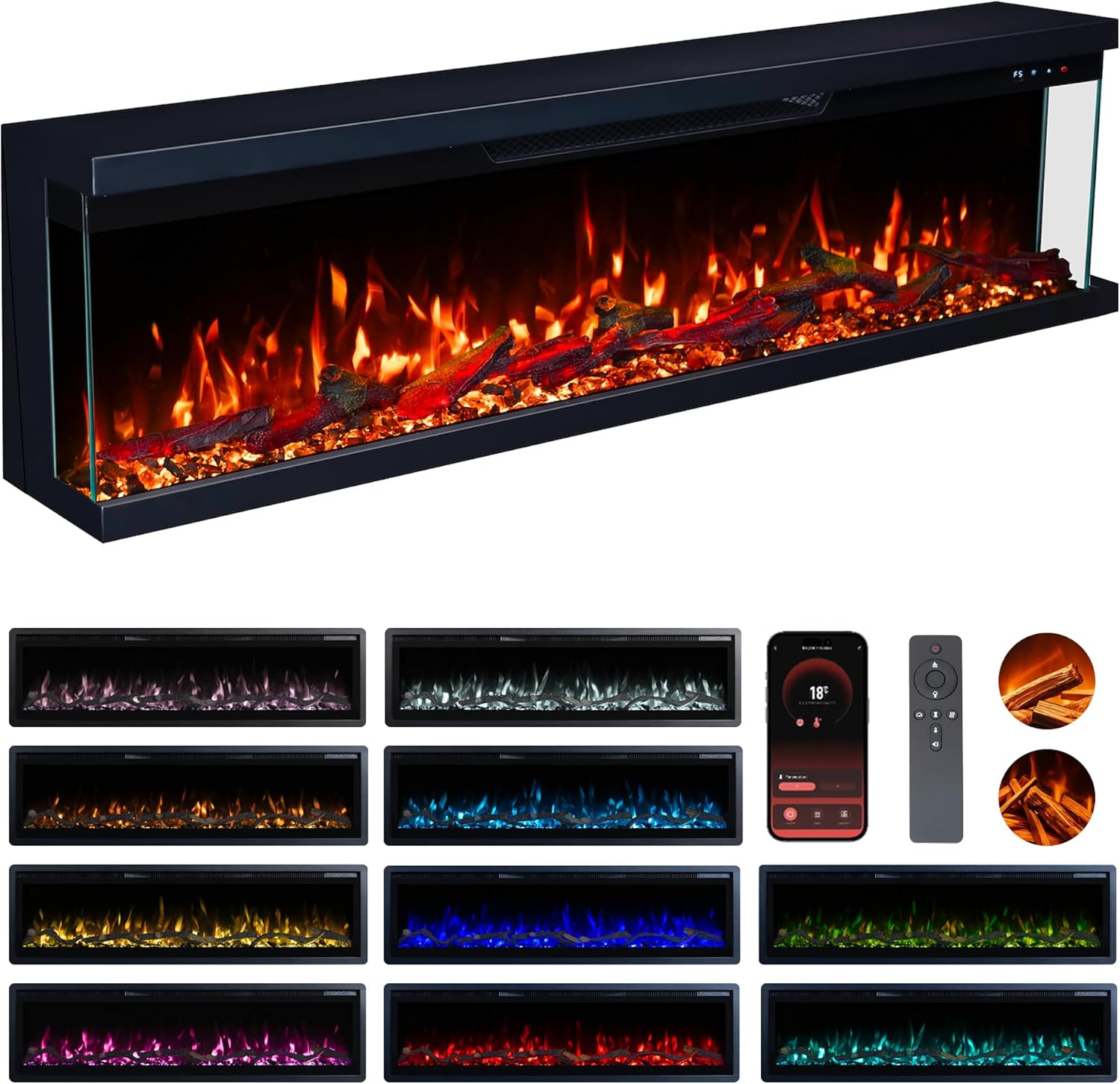 3-Sided Panoramic Electric Freestanding Fireplace Heater 72"/183cm – Wall-Mounted, Media Wall Electric Fire with Real Logs, 15 LED Colours, Crackling Sound, 900W/1800W Heat Control