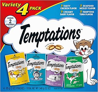 Temptations Classic Crunchy and Soft Cat Treats Feline Favorites Variety Pack, 3 oz., Pack of 4