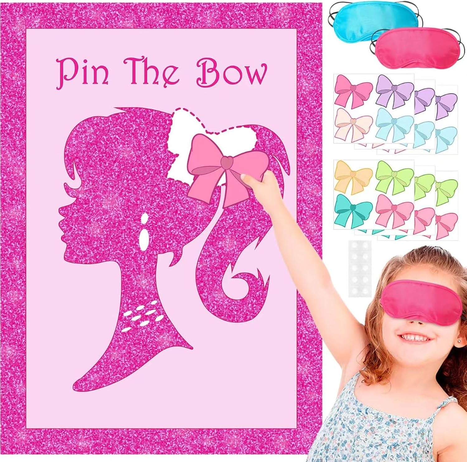 Pin The Bow Party Games for Kids Birthday - Pink Princess Poster, Party Decorations, Pamper Party Supplies for Girls