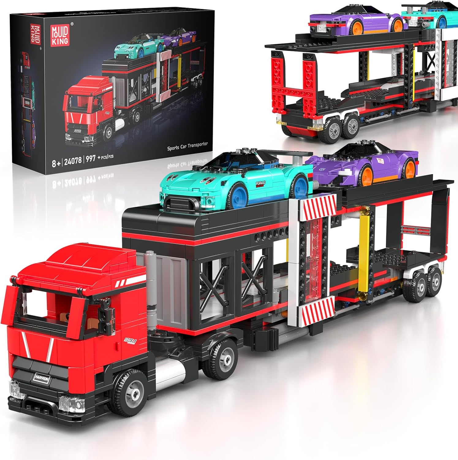 Mould King 24078 Sports Car Transporter Building Toy Set, City Car Carrier Truck with 2 Race Cars, Semi Truck with Carrier & Trailer for Kids Boys Girls Aged 8+, Adjustable Loading Ramp Tow