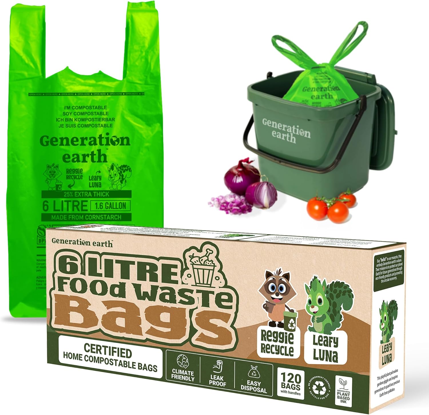 Generation earth | 120pcs - 6L Bags - Tie Handles - OK Compost HOME Certified - Food Waste - Extra Strong Kitchen Caddy Bin Liners