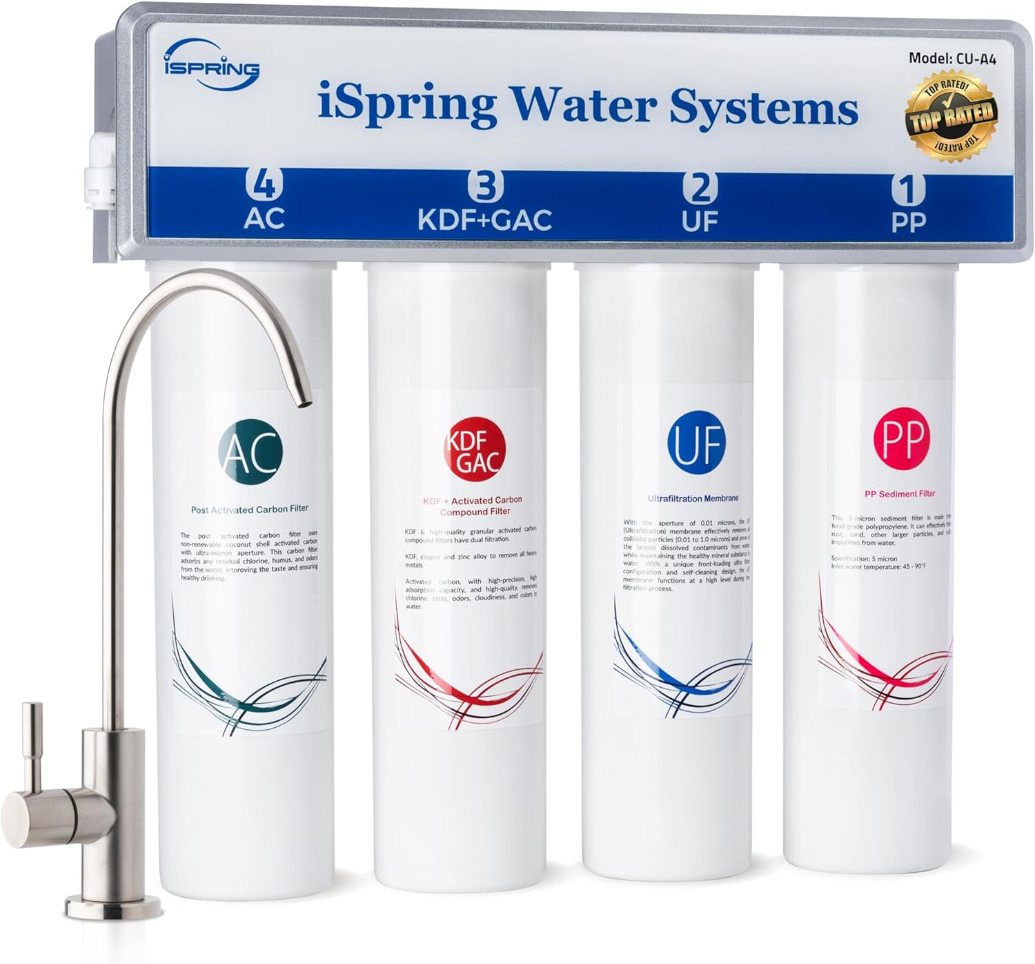 iSpring CU-A4 Ultra-Filtration Under Sink Water Filter System, Tankless 4-Stage High Capacity, Remove 99.99% Contaminants, Quick Filter Change with Chrome Faucet, White