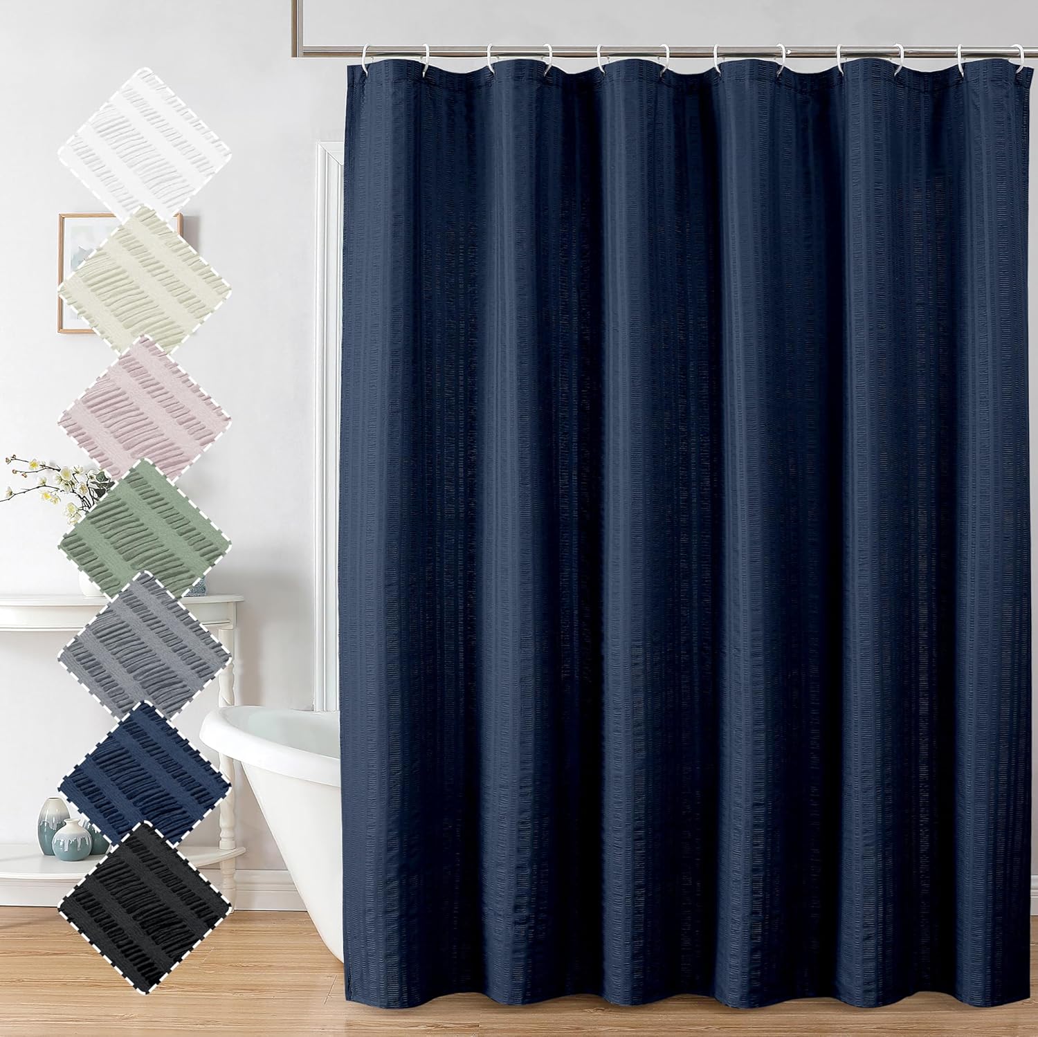 Aiyufeng Moga Navy Blue Fabric Shower Curtains for Bathroom - Blue Hotel Spa Polyester Cloth Bath Curtain with 12 Holes, 72x72, Machine Washable, Navy Blue