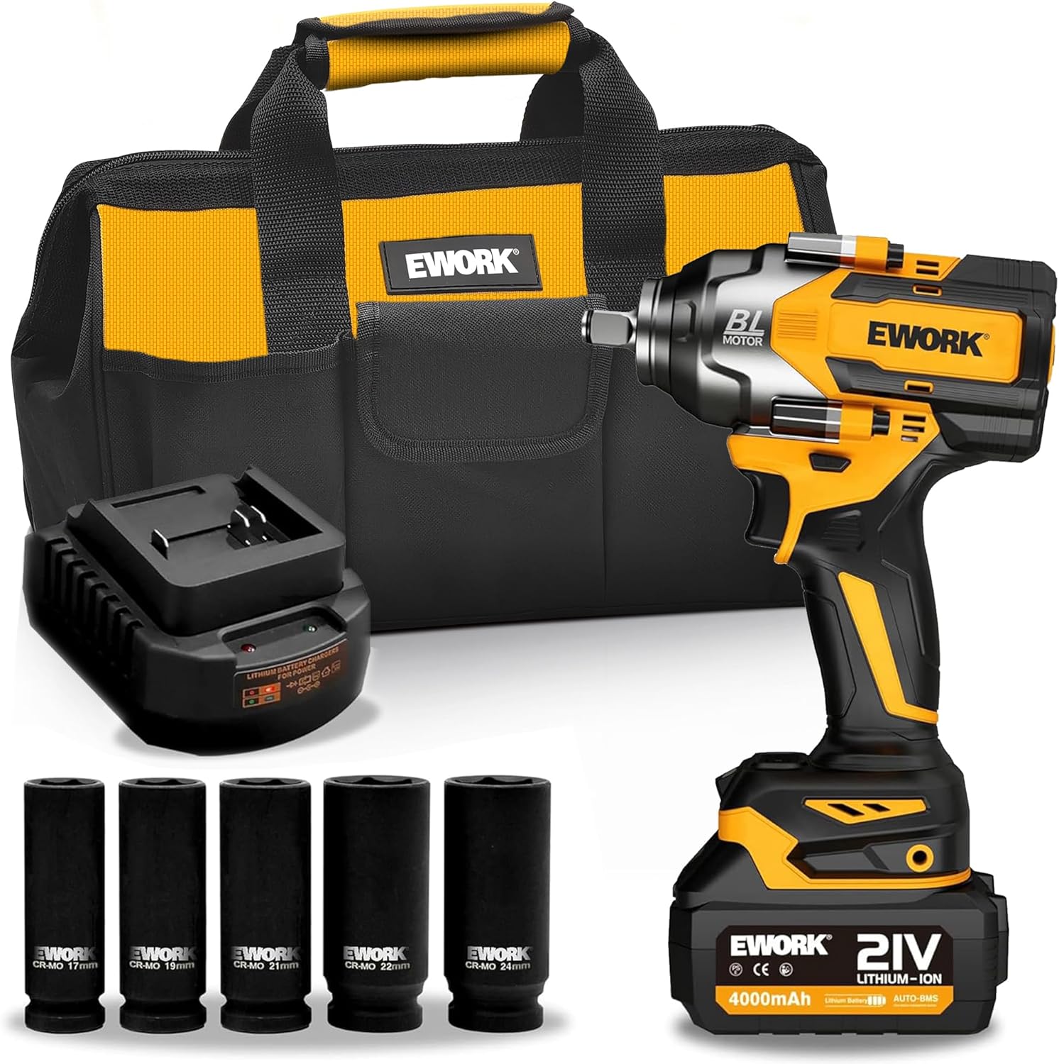 EWORK Cordless Impact Wrench 1/2 inch 21V Brushless High Torque Impact Gun Max 700 Ft-lbs Power Impact Wrenches with 4.0Ah Li-ion Battery, Fast Charger, 5 Sockets, Tool Bag (RB-810)