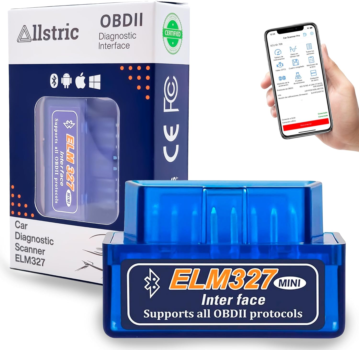 Allstric® OBD2 Scanner Bluetooth ELM327. Car Diagnostic Tool for All Cars. OBD Code Reader with Reset, Reads DTCs, Clears Check Engine Light, Vehicle Info, and O2 Sensor Test. Fixd Car Diagnostic Tool