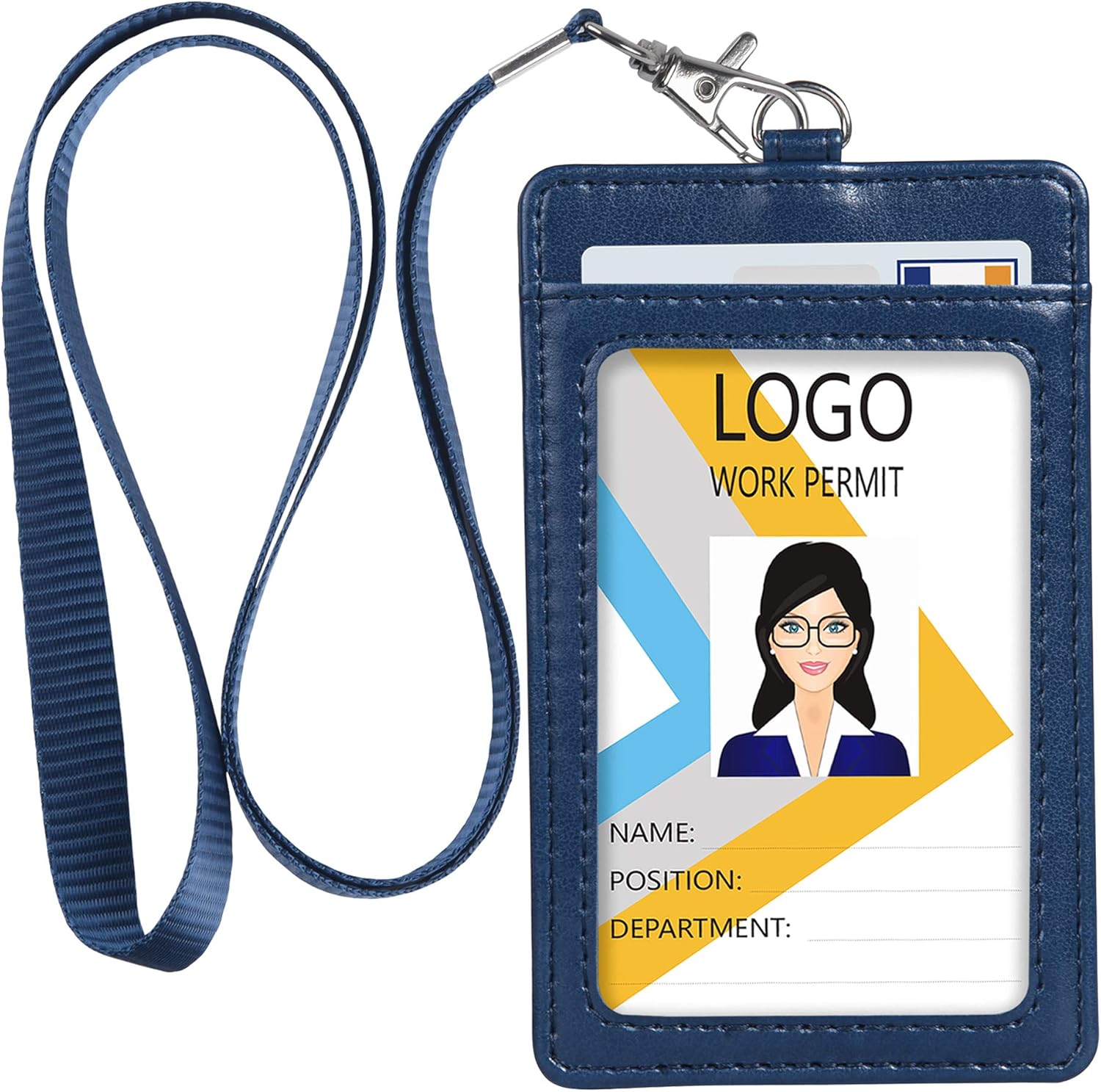 Teskyer Card Holder with Lanyard, ID Badge Holder with Clear Window and Holds 2 Cards, PU Leather Vertical Badge Holder for ID Cards, Offices, Schools, Bus Passes, Blue