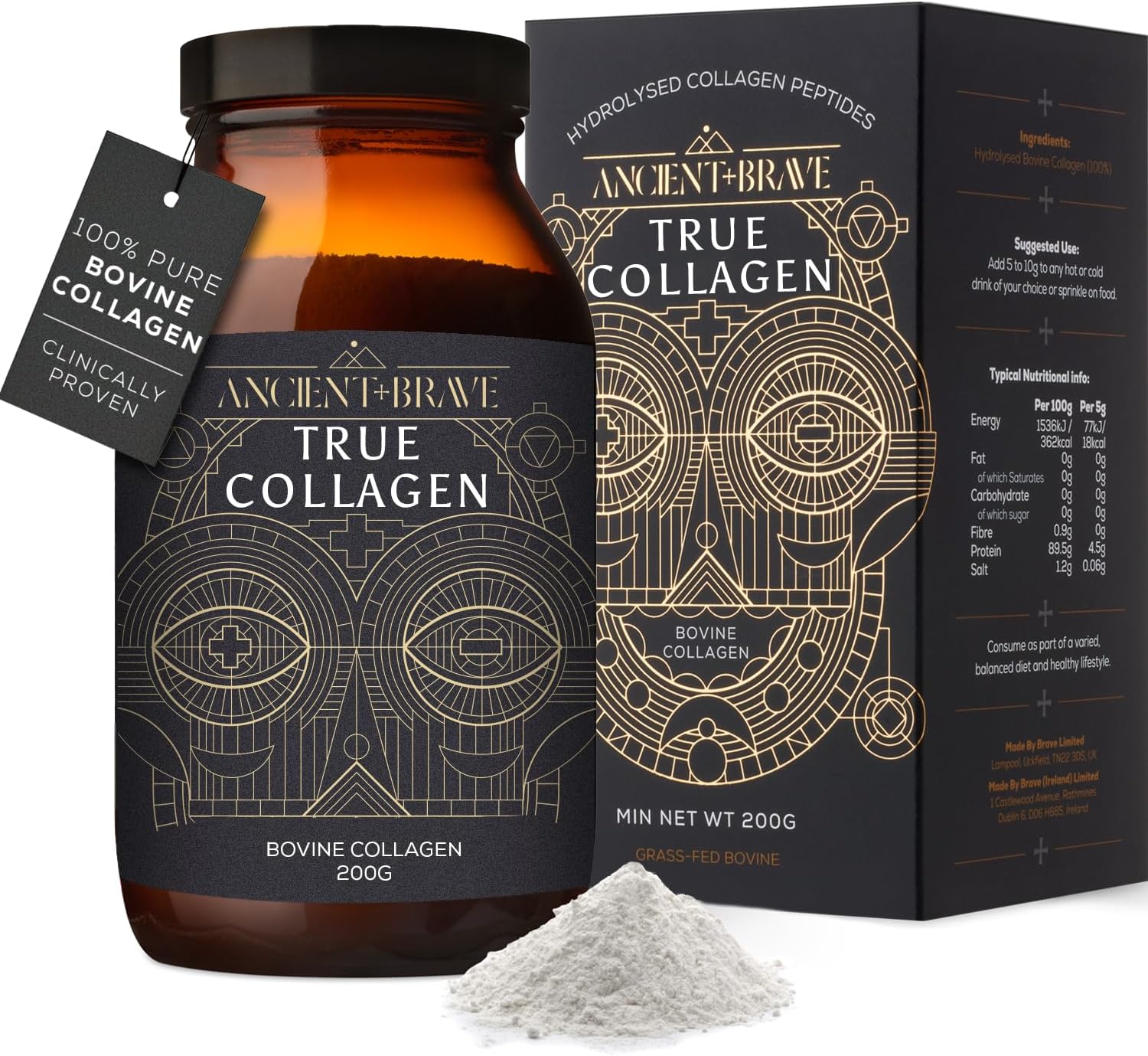 Ancient + Brave True Collagen 200g - Grass-Fed Bovine Collagen Powder - 100% Hydrolysed Collagen Peptides (Type 1) High Protein Supplements for Women - Fasting, Beauty, Keto - Skin, Hair & Nail Health