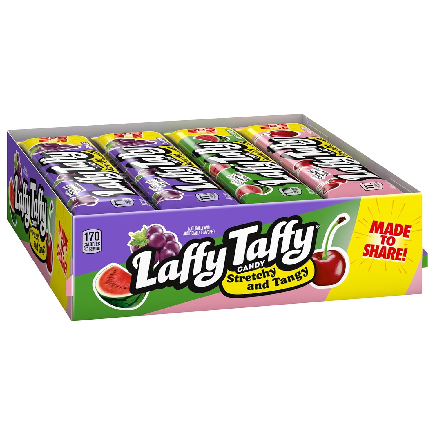 Laffy Taffy Stretchy & Tangy Variety Candy Box, Grape, Watermelon, and Cherry Flavors, 1.5 Ounce Bars (Pack of 24)
