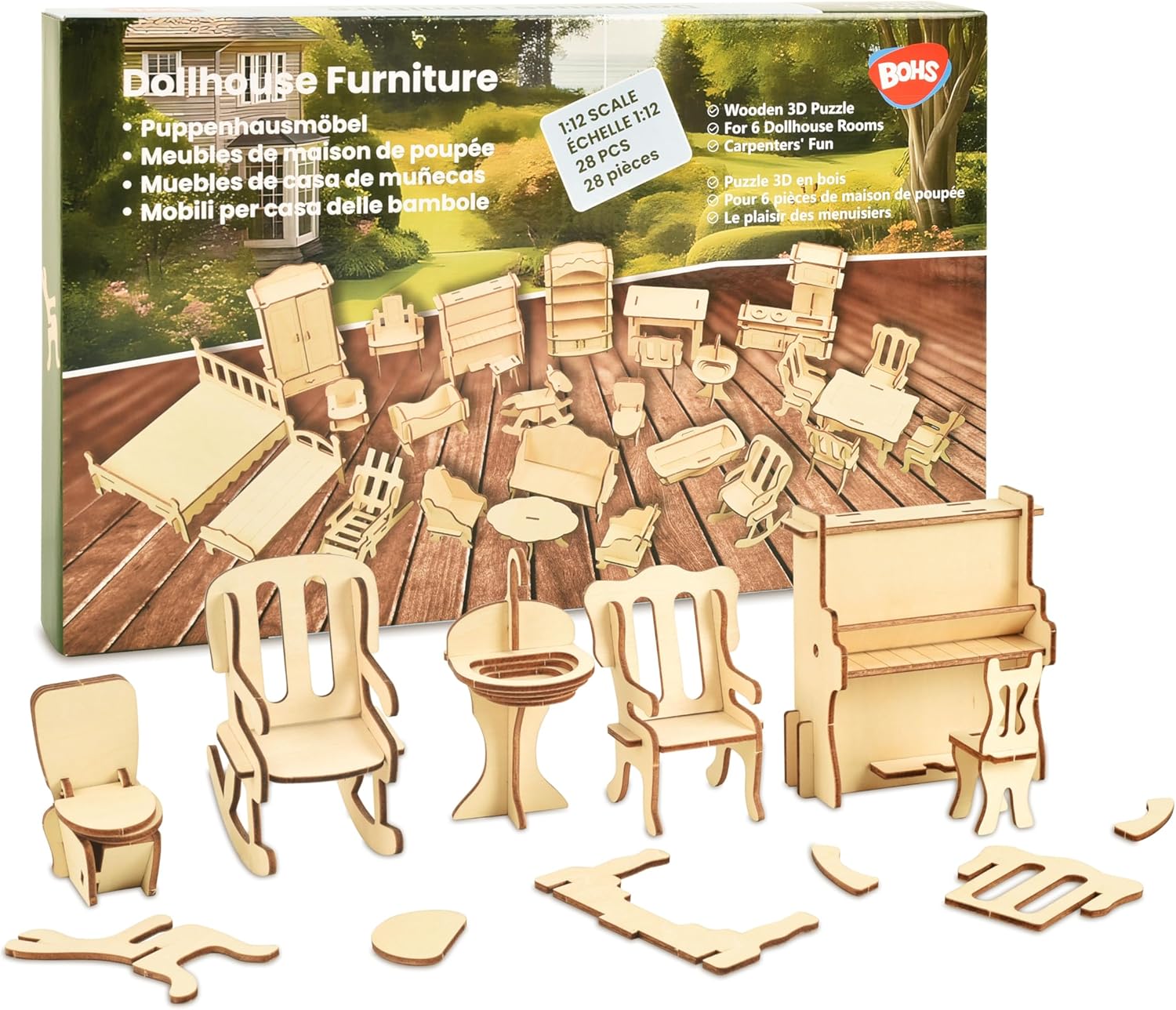 BOHS Wooden Dolls House Furniture 1/12 Scale - 3D Puzzles for Miniature Dollhouse Furniture Accessories - Large,28 PCS
