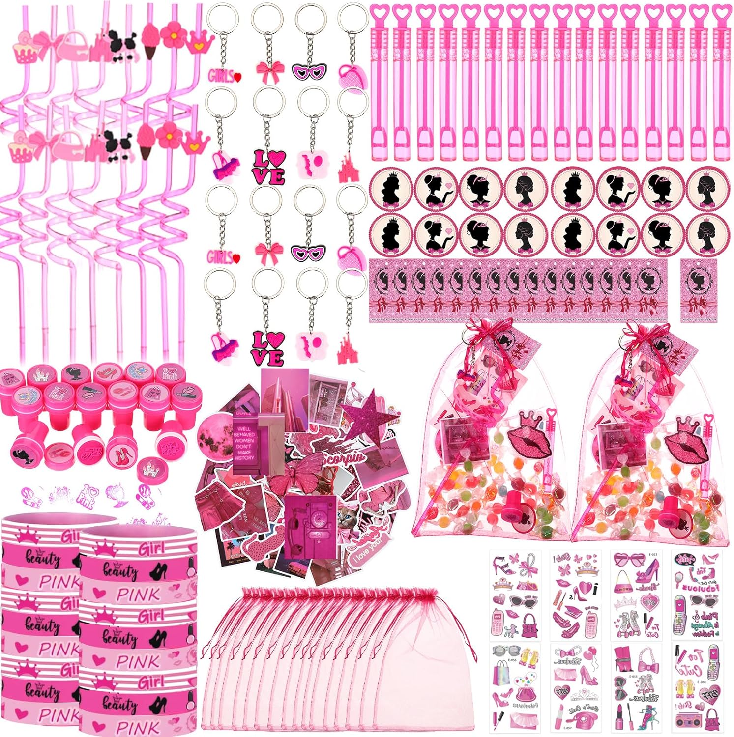 HyDren 194 Pcs Classic Hot Pink Girl Party Favors for 16 People Include Straws Bubble Wands Bracelet Keychain Tattoo Sticker Badge Stamps Cards Organza Bags for Girls Boys Birthday Party Supplies