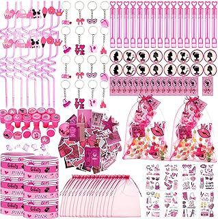 HyDren 194 Pcs Classic Hot Pink Girl Party Favors for 16 People Include Straws Bubble Wands Bracelet Keychain Tattoo Sticker Badge Stamps Cards Organza Bags for Girls Boys Birthday Party Supplies