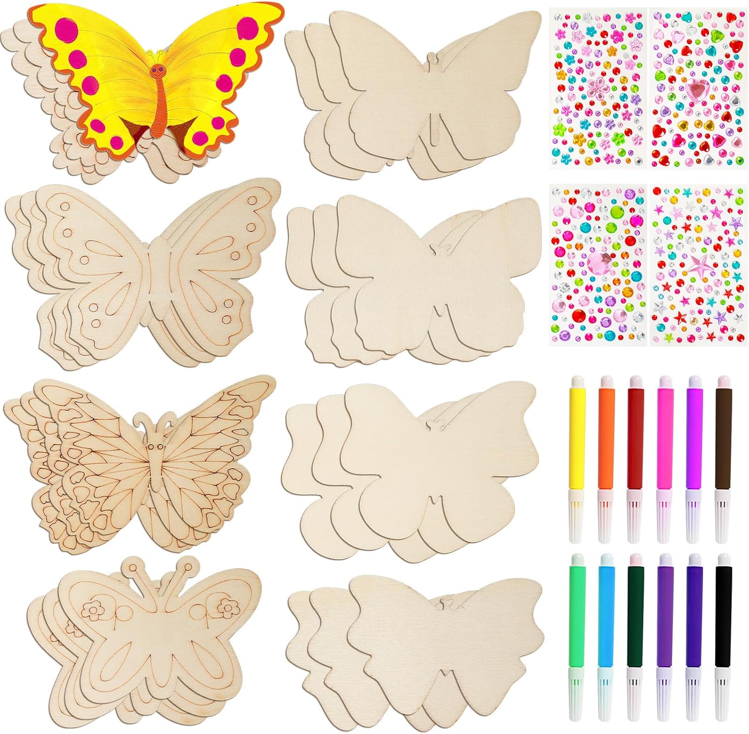 TAIHOBO 24PCS Butterfly Arts and Crafts for Kids, End of Term Gifts for Children with Watercolor Pencils, Party Craft Set with Gemstone Stickers, Crafts for Kids for Children DIY