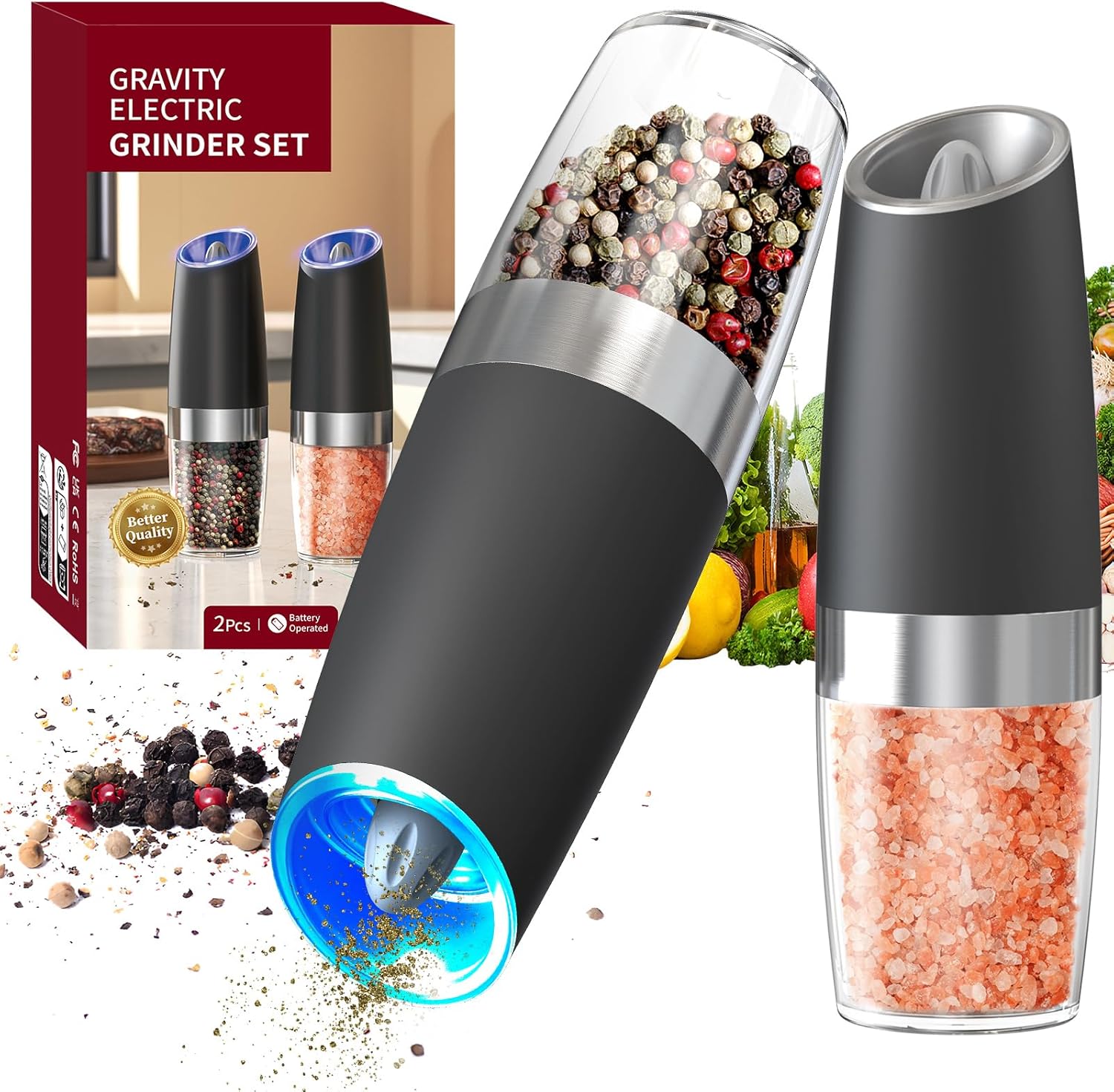 CIRCLE JOY Gravity Electric Salt and Pepper Grinder Set Automatic Salt and Pepper Grinder Set with LED Light, Battery Operated, Adjustable Coarseness, Large Capacity, for Home Kitchen BBQ