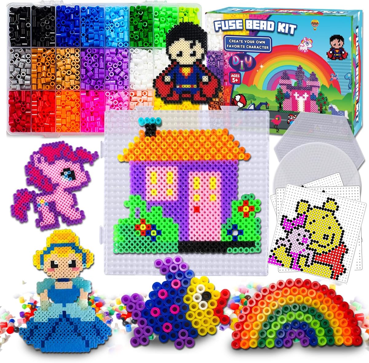 Fuse Beads Craft Kit - 5500PCS 5mm Bead 111 Patterns Melty Fusion Colored Beads Arts & Crafts Pearler Set 21 Different Color Brithdays Gifts for Kids Girls Age 5 6 7