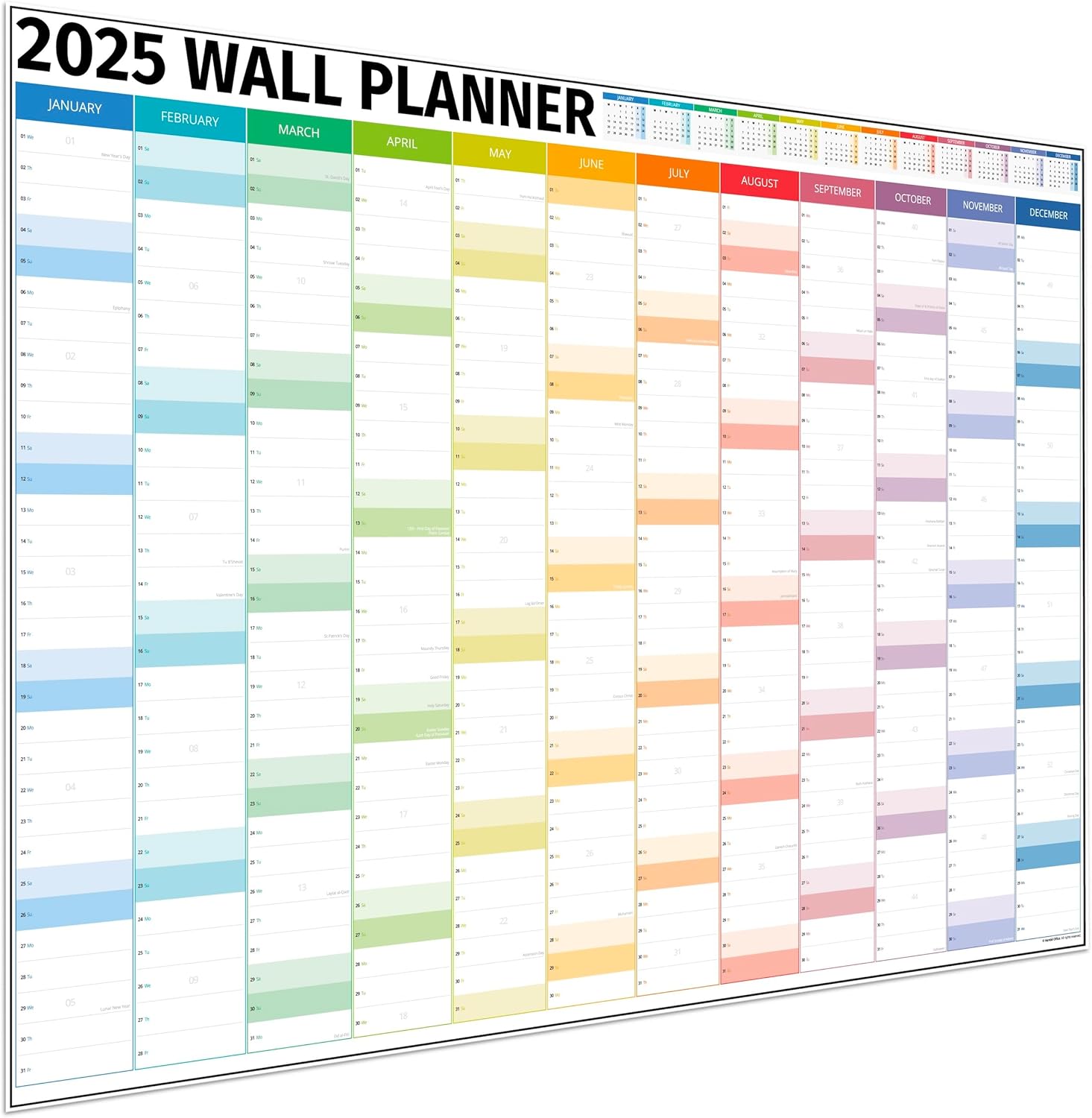 Wall Planner 2025 UK - A1 Extra Large 84 x 60cm Colour Full Year Wall Planner - Family Calendar For Home, Office, Teacher Calendars & Personal Organisers - Folded Columns Edition