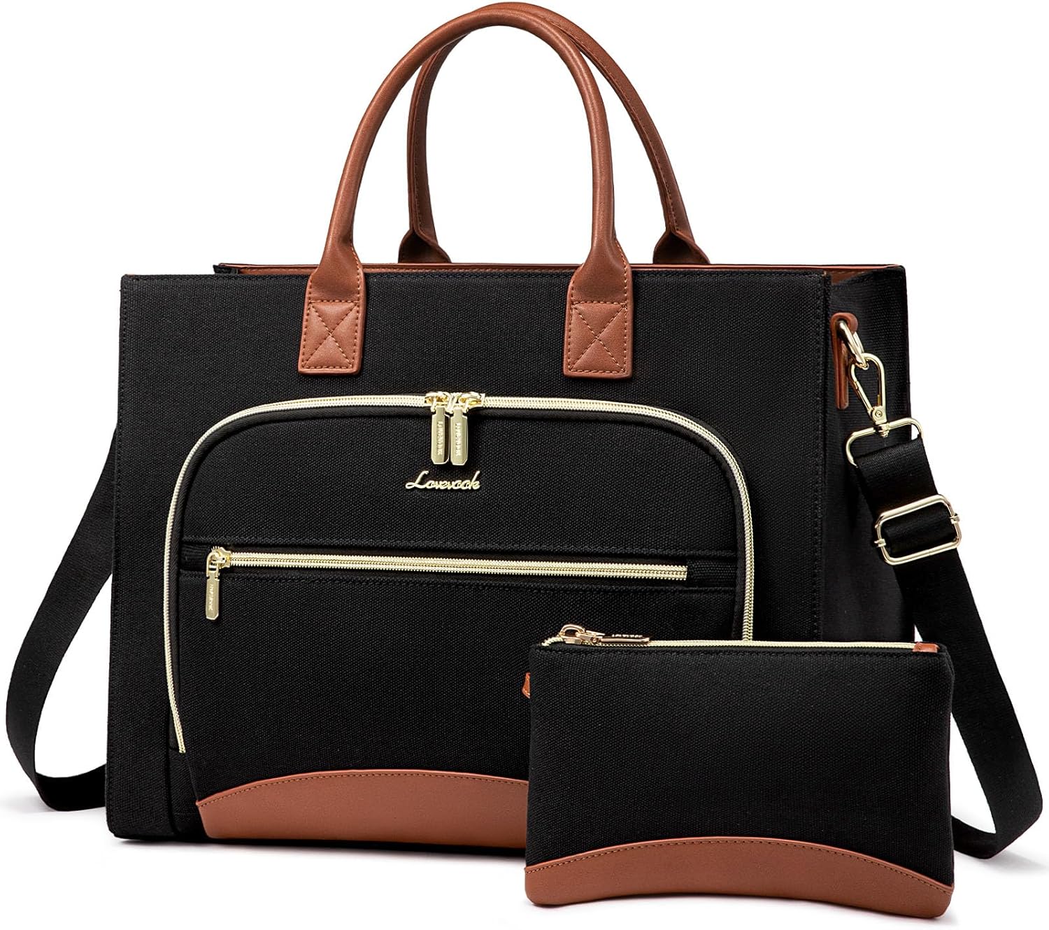 LOVEVOOK Laptop Bag for Women 15.6 inch Canvas Laptop Tote Bag， Large Professional Teacher Purse Lightweight Computer Bag Briefcase Business Office, Black Brown