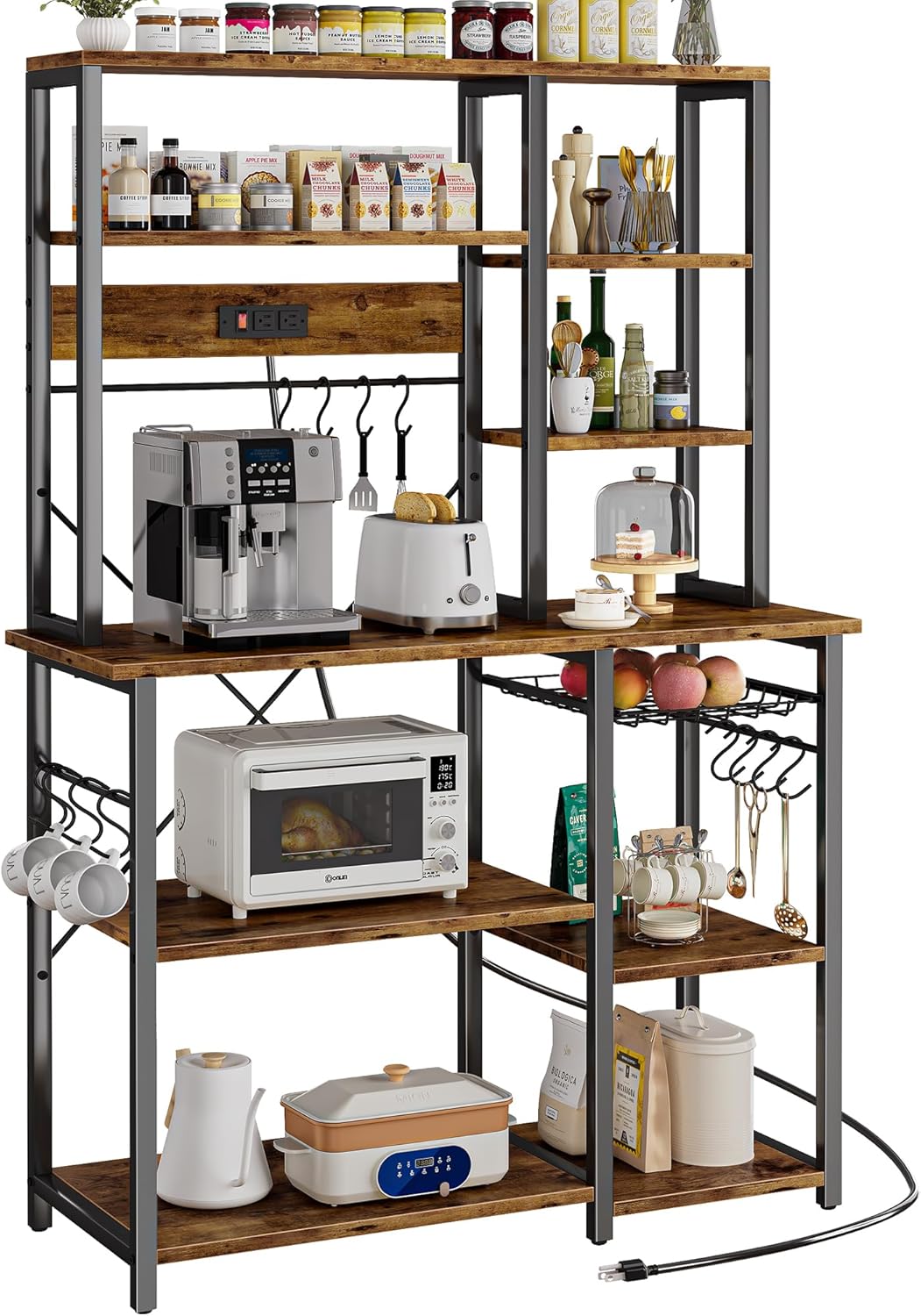 SUPERJARE Large Bakers Rack with Power Outlets, 6-Tier Microwave Stand, Coffee Bar with 12 S-Shaped Hooks, Kitchen Shelf with Wire Basket, 39.3 x 15.5 x 66.9 Inches, Rustic Brown