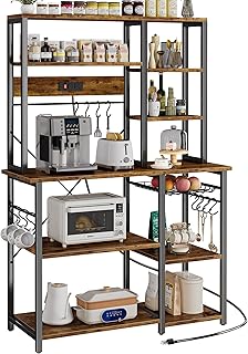 SUPERJARE Large Bakers Rack with Power Outlets, 6-Tier Microwave Stand, Coffee Bar with 12 S-Shaped Hooks, Kitchen Shelf with Wire Basket, 39.3 x 15.5 x 66.9 Inches, Rustic Brown