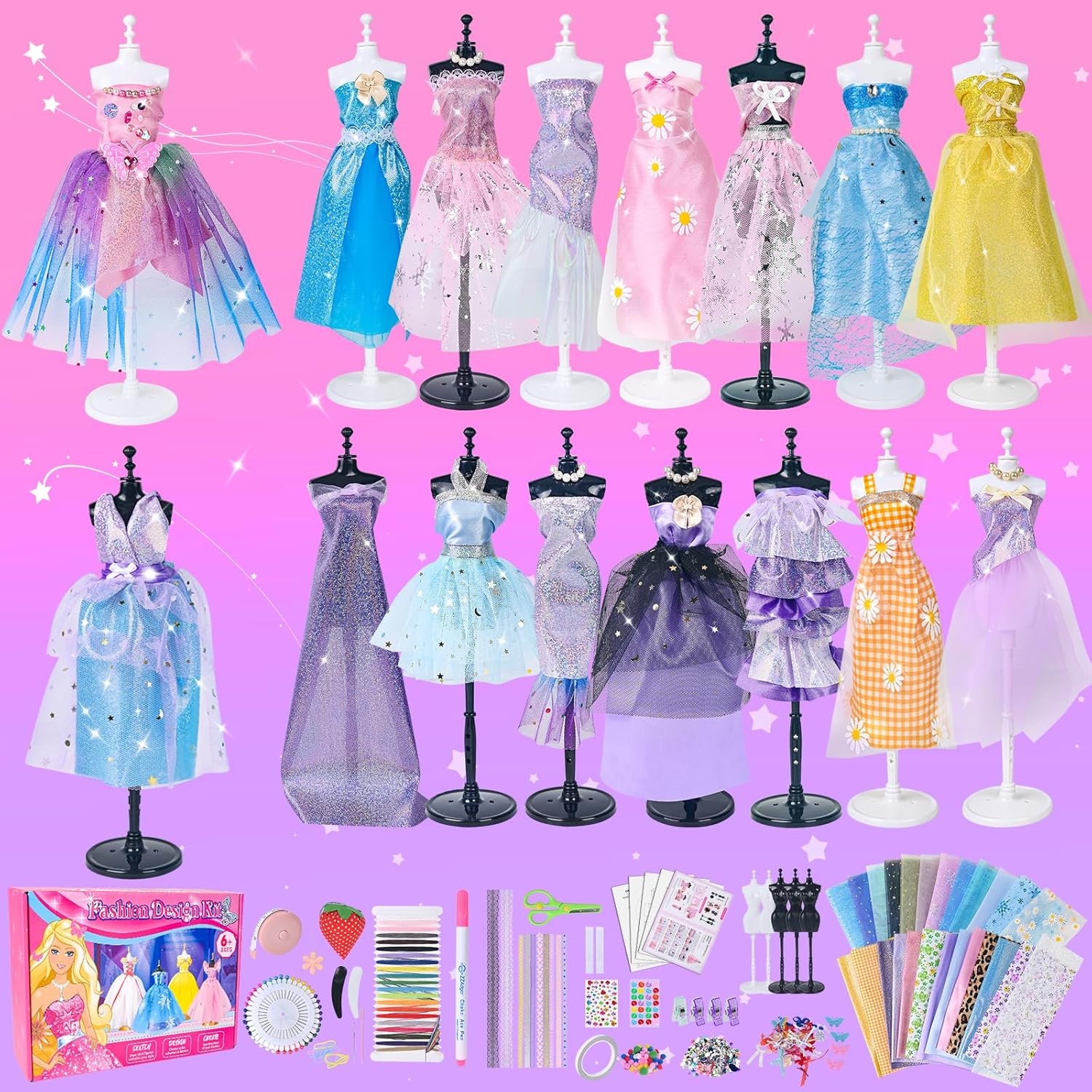 700+Pcs Fashion Designer Kit for Girls - Sewing Kit Arts and Crafts Set for Kids Ages 8-12 with 5 Mannequins & Instruction DIY Doll Clothes Making Learn to Sew Toys for Girls Christmas Birthday Gift