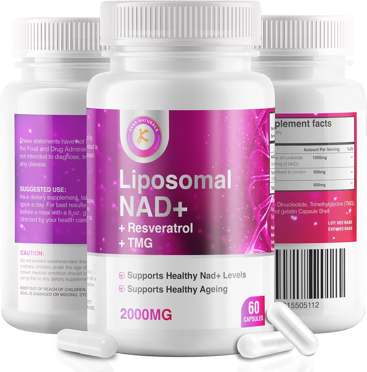 Pure NAD + Trans-Resveratrol + TMG | 2000mg | 3-in-1 Advanced Formula | NAD Resveratrol TMG Supplement | Boost NAD+ | Immune & Energy Support, Skin & Overall Health | 60 Capsules