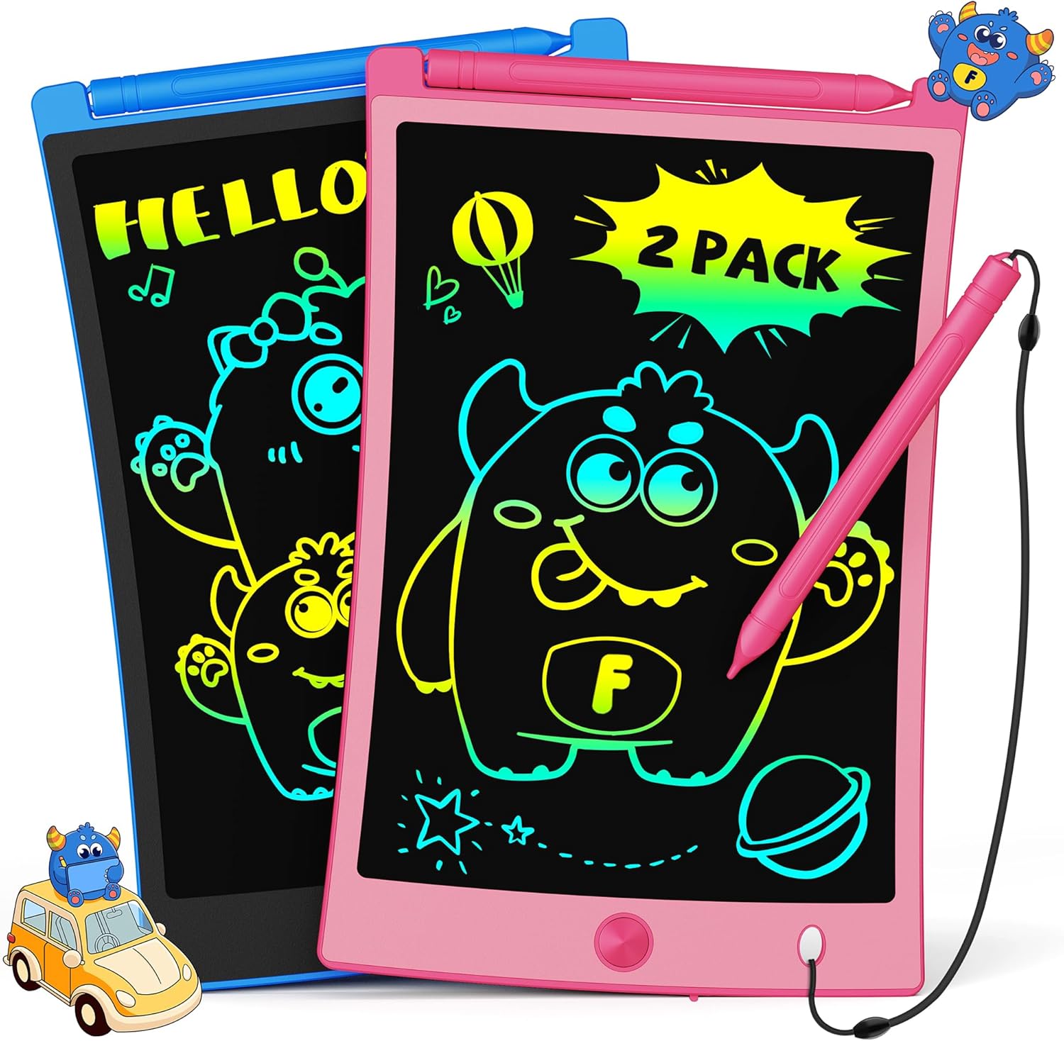 TEKFUN 2 Pack LCD Writing Tablet, 8.5inch Colorful Drawing Tablet for Kids, Erasable Writing Drawing Board with Lanyard, Learning Toys Gifts for 3 4 5 6 7 Years Old Boys Girls Toddlers (Blue+Pink)