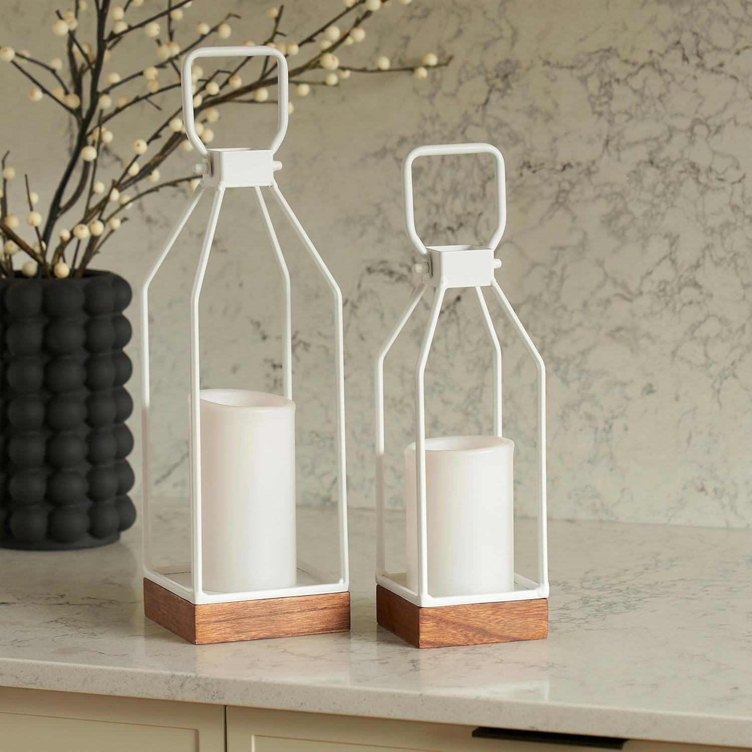 Decorative Lantern Set of 2 for Indoor & Outdoor - Stylish Black Modern Farmhouse Lanterns for Real Candles - Perfect Christmas Centerpiece Decor for Any Porch/Door, Fireplace Mantle or Coffee Table