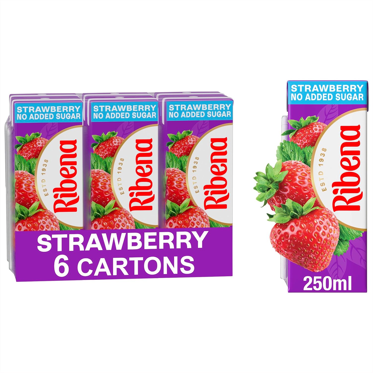 Ribena Strawberry No Added Sugar Cartons - Multipack 6x 250ml | Real Fruit | Rich In Vitamin C | No Artificial Colours or Flavours | Ready to Drink