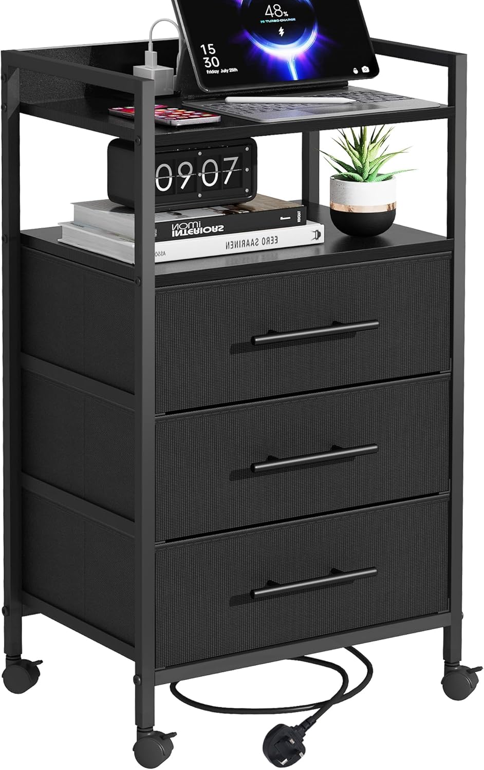 MIKIICOCO Bedside Table with Charging Station, Nightstand with 2 Outlets and 2 USB Ports, Sofa Side Table with 4 Castors and Fabric Drawers for Bedroom