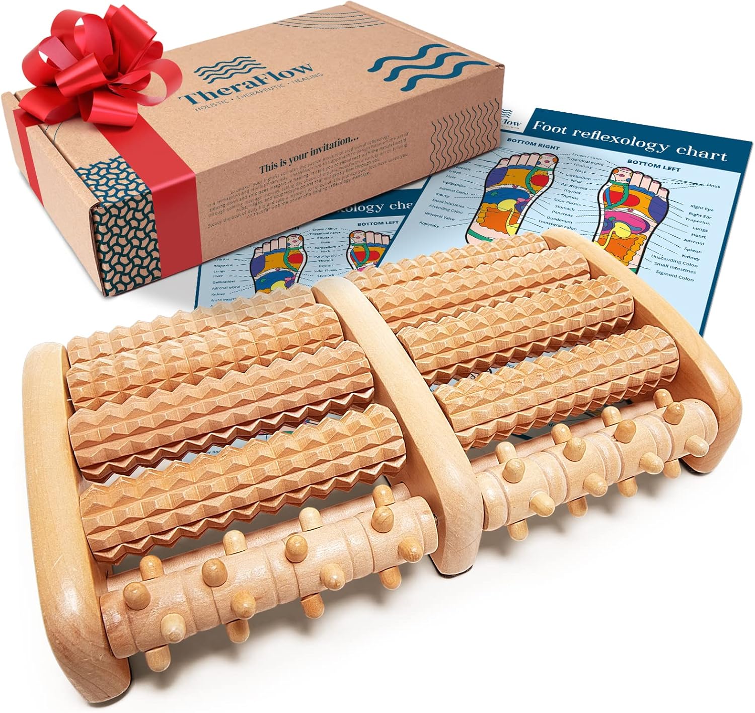 Theraflow Foot Massager for Plantar Fasciitis | Feet Massagers for Pain and Circulation | Wooden Massage Roller and Reflexology Tool for Heel Pain Relief and Relaxing Gifts for Women and Men (Large)