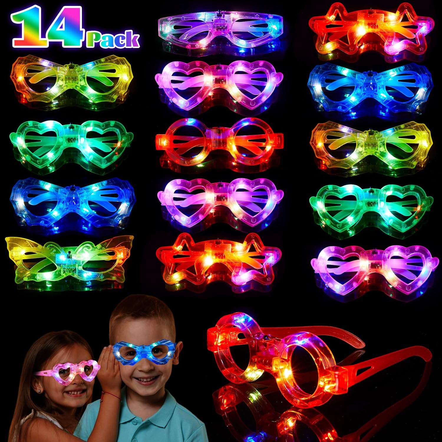 Makorobi 14Pcs LED Funny Glasses for Kids Children Light up Party Glasses Boys Girls Light up Glasses for Birthday Christmas Concert Glow in the Dark Party Supplies