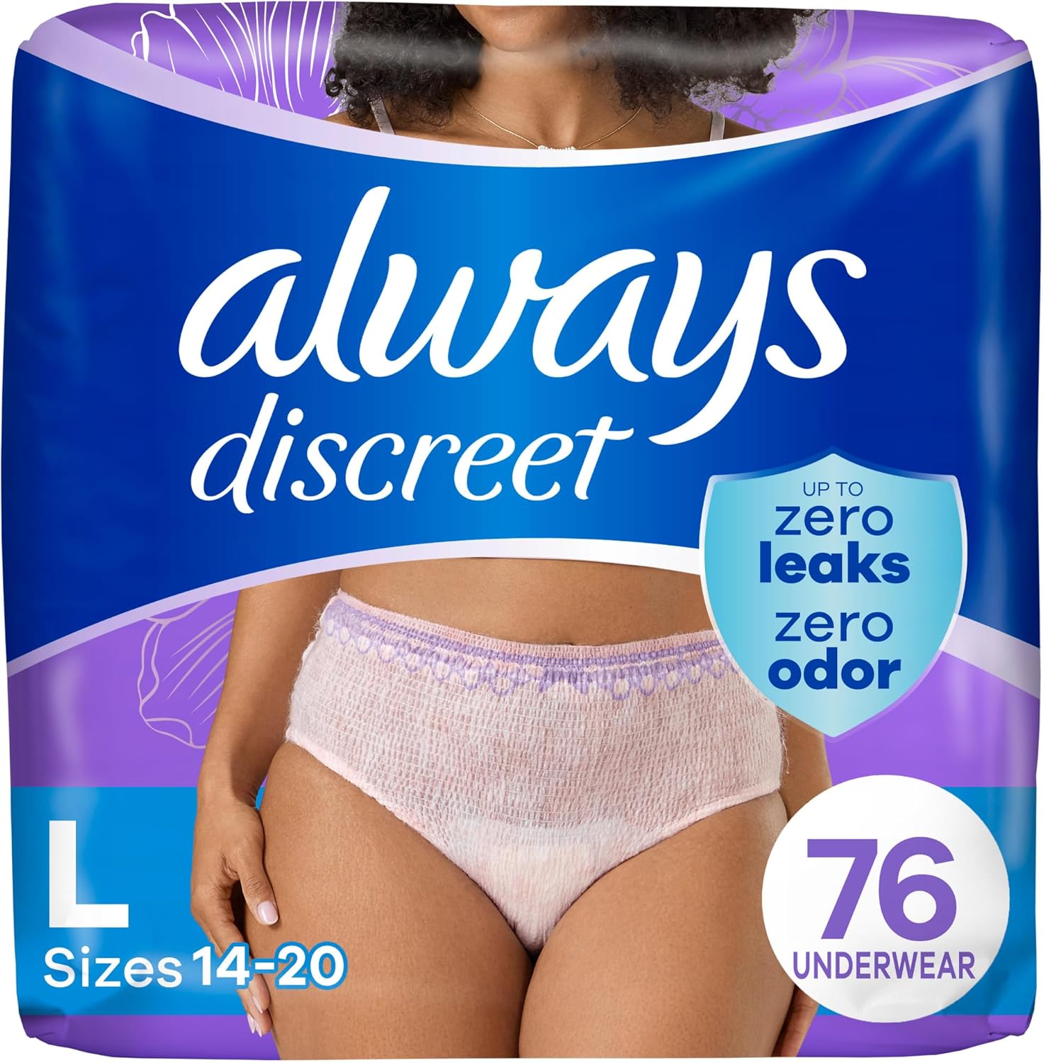 Always Discreet Adult Incontinence Underwear for Women and Postpartum Underwear, L, Up to 100% Bladder Leak Protection, 76 Count (Packaging May Vary)