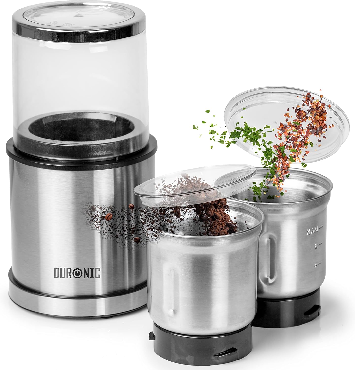 Duronic Electric Blade Coffee Grinder CG421, 2 in 1 Spice Grinder Kitchen Machine, Wet & Dry Grinding Mini Mill Hopper, 75g/220ml, 200W, 2X Stainless Steel Cups for Beans, Herbs, Nuts