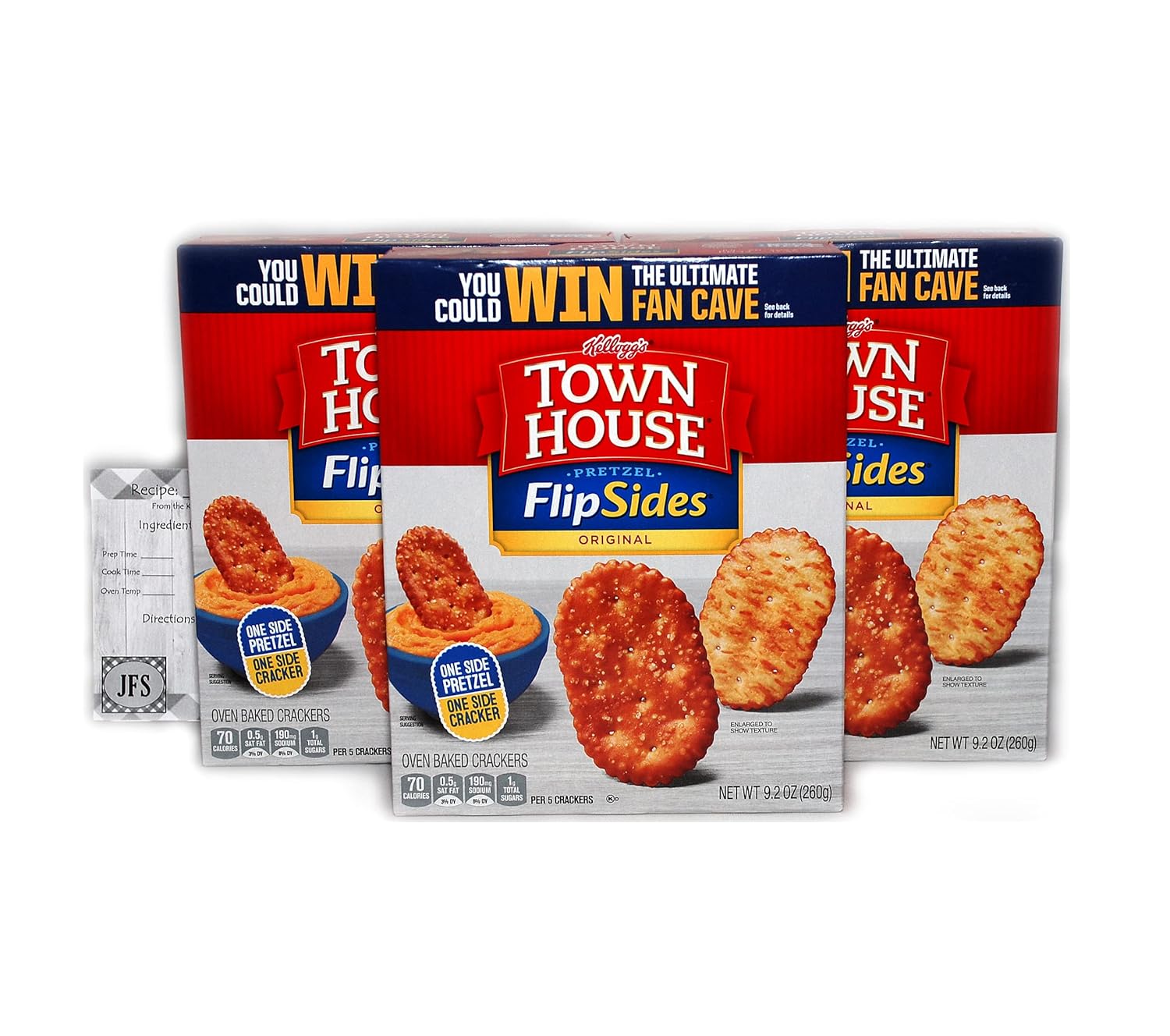 Pretzel Flipsides Original Townhouse Crackers - One Side Pretzel, One Side Cracker - 3 Packs of 9.2 Oz Boxes Bundled with a JFS Recipe Card