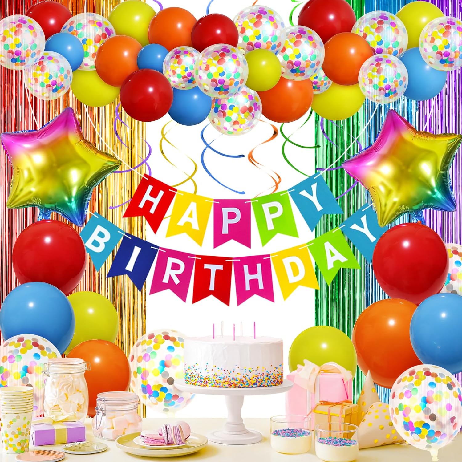 Multicolored Rainbow Birthday Party Decorations Pack with Banner, Balloons, Confetti, Fringe Curtain, Heart Star Foil Balloons, Hanging Swirls