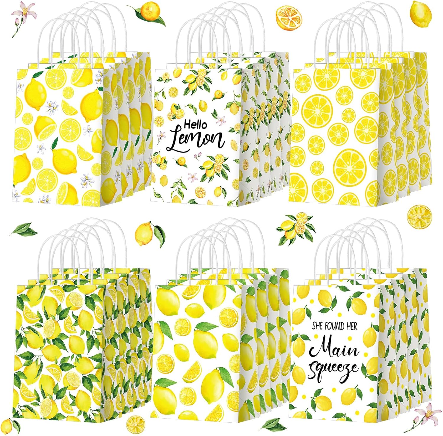 Yeaqee 24 Pcs Lemon Gift Bags with Handle Yellow Gift Bags Summer Fruit Candy Treat Goodie Pouches Wrapping Fresh Lemon Paper Pouches for Summer Wedding Birthday Party Supplies