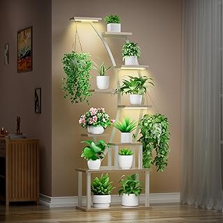 Plant Stand Indoor with Grow Lights, 9 Tiered Metal Plant Shelf, 63" Tall Plant Stand for Indoor Plants Multiple, Large Plant Rack Display Shelves, Corner Plant Holder for Home, Patio (White)