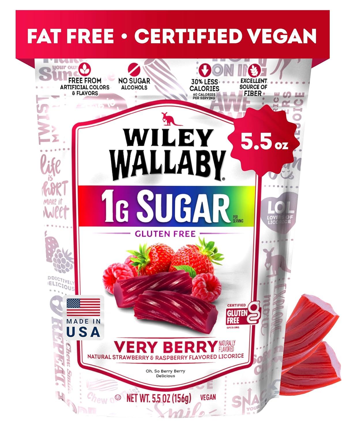 Wiley Wallaby 5.5 Ounce Very Berry Low Sugar Gluten Free Gourmet Australian Style Soft & Chewy Licorice Candy Twists (5.5 Ounce (Pack of 1))