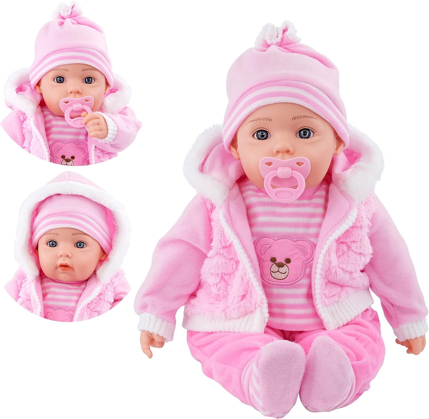 BiBi Doll 20" Lifelike Large Size Soft Bodied Baby Girl Doll With Baby Pink Coat, Dummy & Sounds