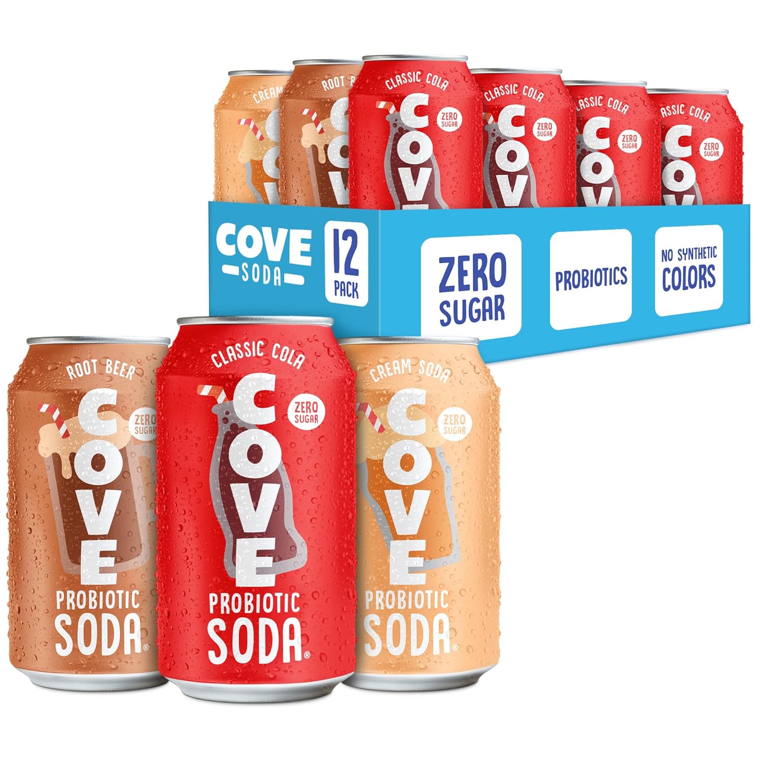 Cove Probiotic Soda Soft Drinks with Zero Sugar – Refreshing Functional Soda Alternative with Probiotics & Vitamin C – Naturally Flavored, Caffeine-Free Sparkling Beverage – Nostalgic Variety 12-Pack