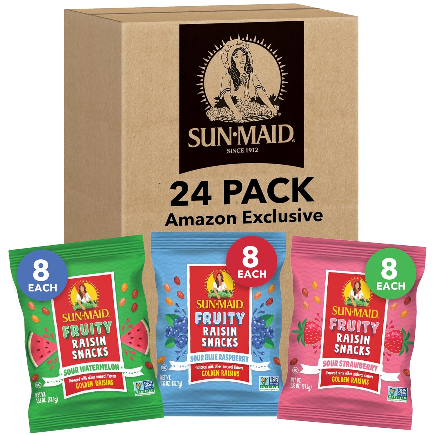 Sun-Maid Fruity Raisin Variety Pack 24ct - Sour Strawberry, Sour Watermelon & Sour Blue Raspberry - 1.33oz Pouch (8 Pouches of Each Flavor)