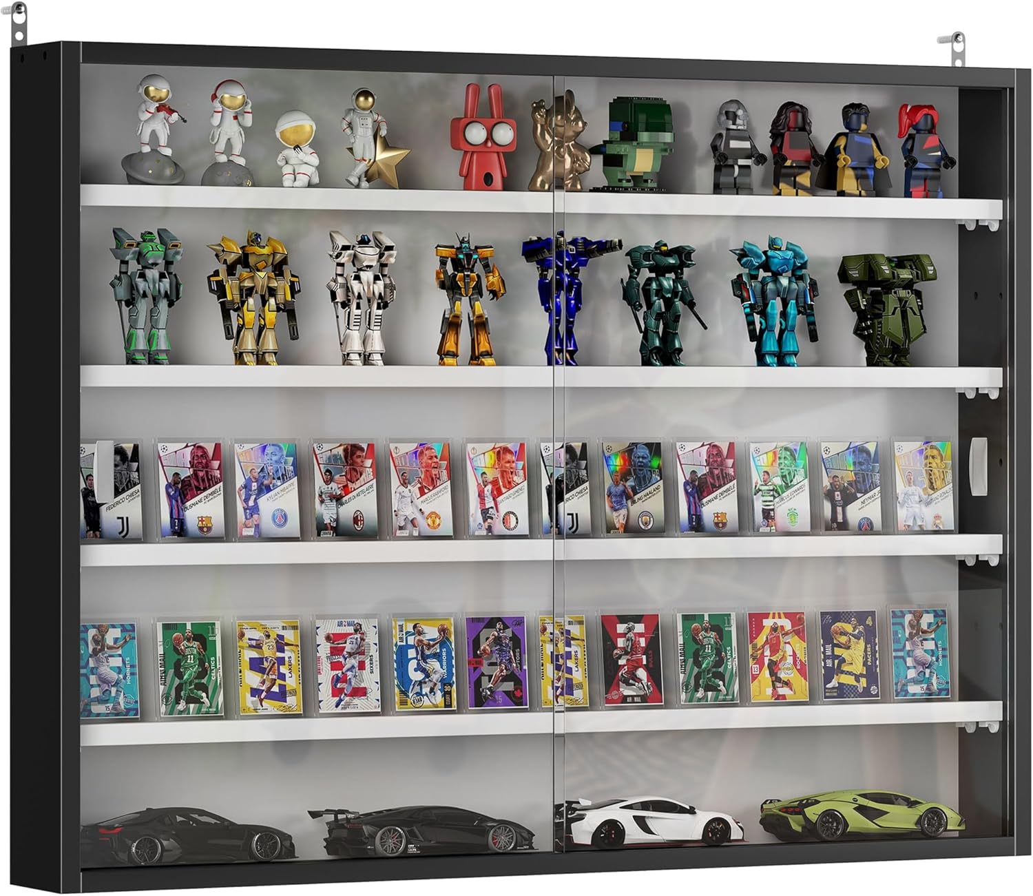 HOMCOM 5-Tier Display Cabinet, Glass Door Cabinet with Adjustable Shelves, Wall-Mounted Display Case for Playroom, Bedroom, Black and White