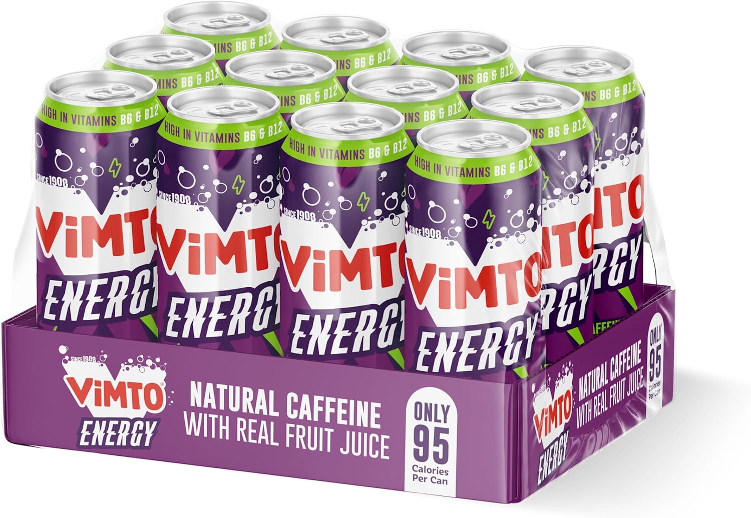 Vimto Original Real Fruit Energy Drink + Natural Caffeine + B Vitamins, Prime Energy Juice Drink 500ml Big Can (pack of 12)