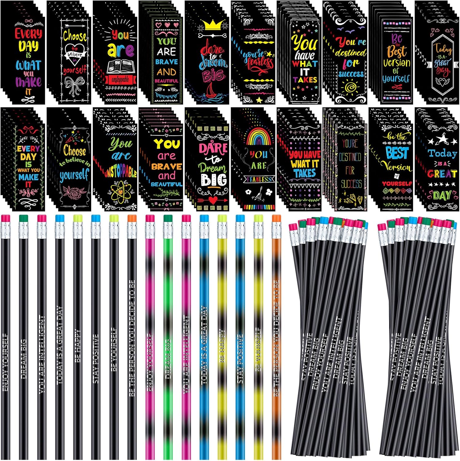 TecUnite 240 Pcs Inspirational Pencils Bookmarks 120 Set Motivational Bookmarks Thermochromic Color Changing Pencils Back to School Supplies for Student Reading Classroom Teacher Positive Reward Gift