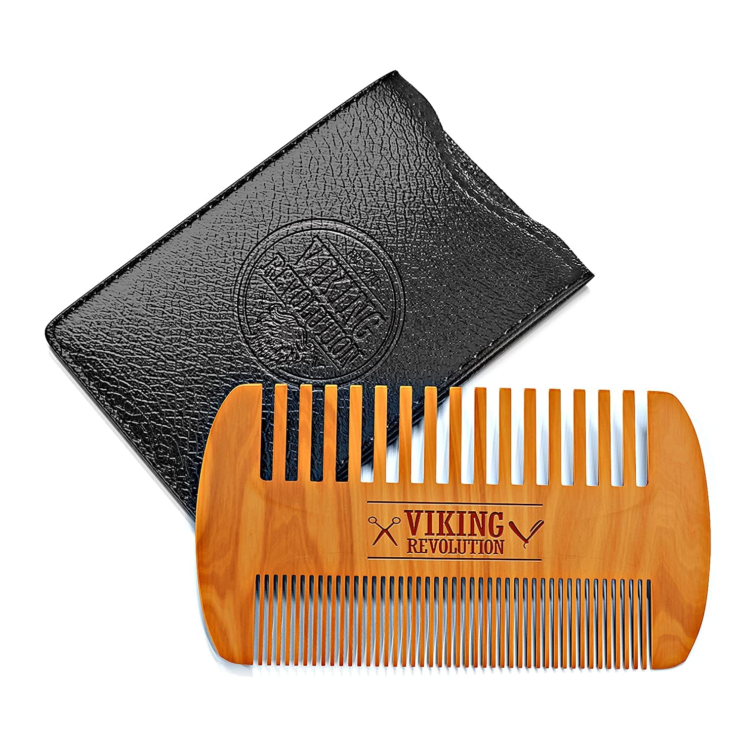 Wooden Beard Comb & Case, Dual Action Fine & Coarse Teeth, Perfect for use with Balms and Oils, Top Pocket Comb for Beards & Mustaches by Viking Revolution