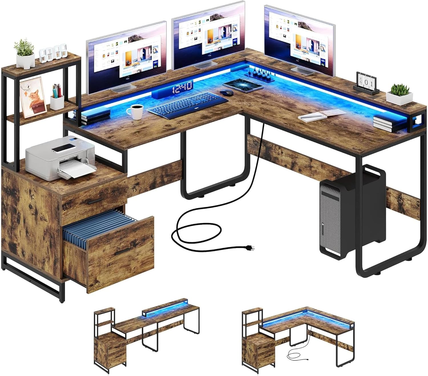 YITAHOME L Shaped Desk with Power Outlets & LED Lights, Reversible Computer Desk with Drawers & Hutch, Corner Office Desks with Monitor Stand, Printer Stand, Rustic Brown